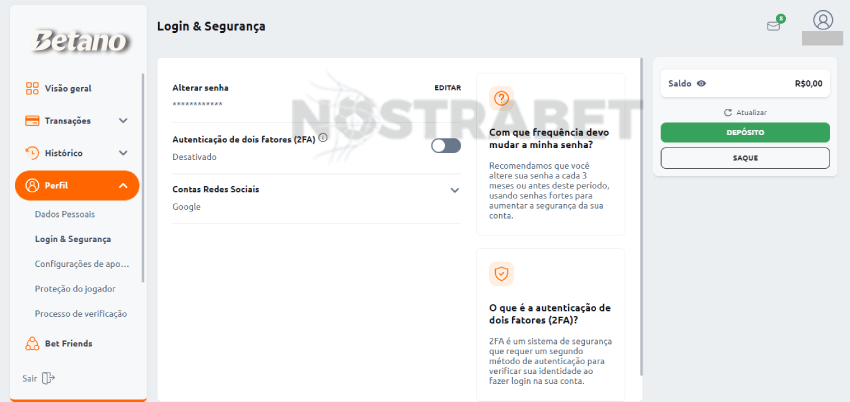 Seguran?a da conta Betano