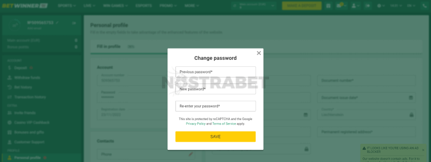 betwinner change account password
