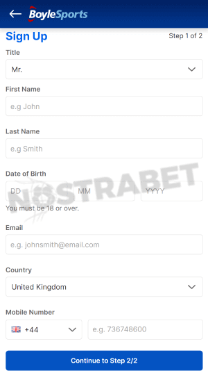 BoyleSports registration step 2