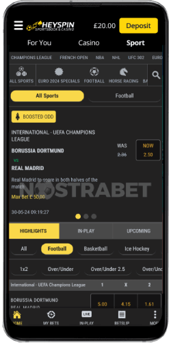 HeySpin Android app sports homepage