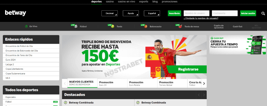 Pagina de inicio de Betway